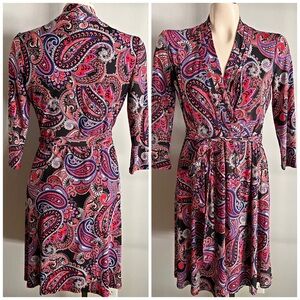 Liz Claiborne Paisley Wrap Dress Small Black Red Purple 3/4 Sleeve Belted